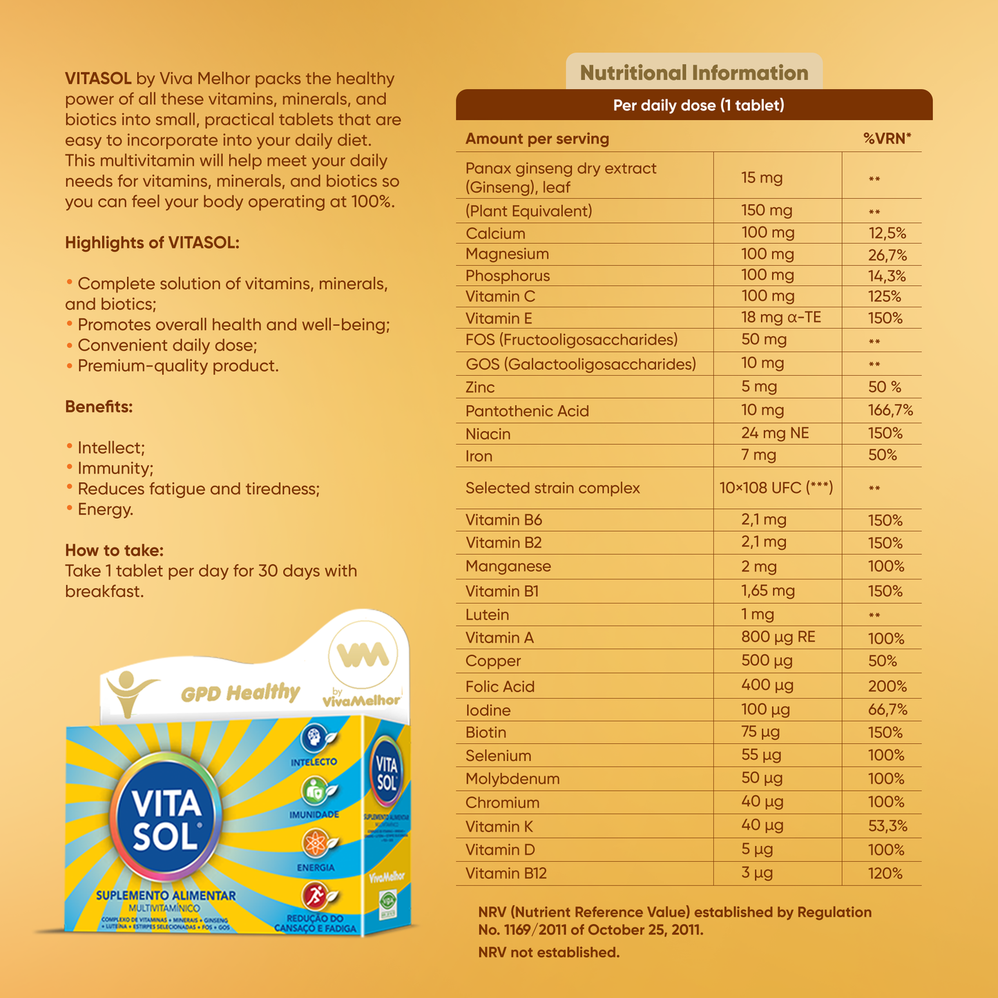 Vitasol Supplement, +40 Multivitamin and Mineral Support, 30 Tablets