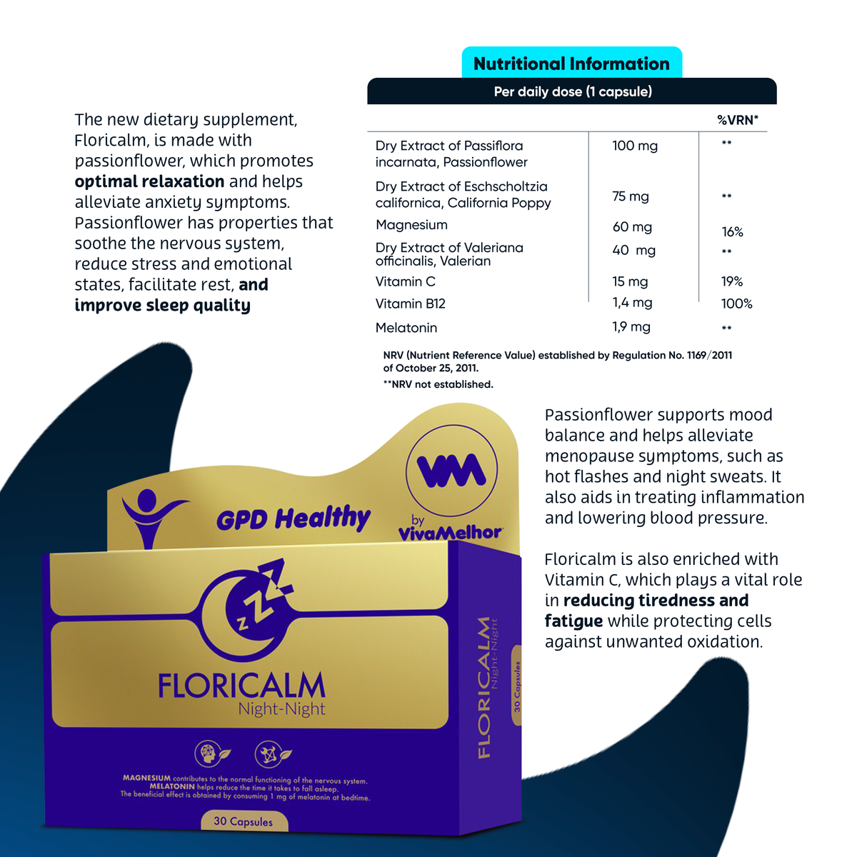 Floricalm Night Night Dietary Supplement, Relaxation and improve sleep quality, 30 Capsules